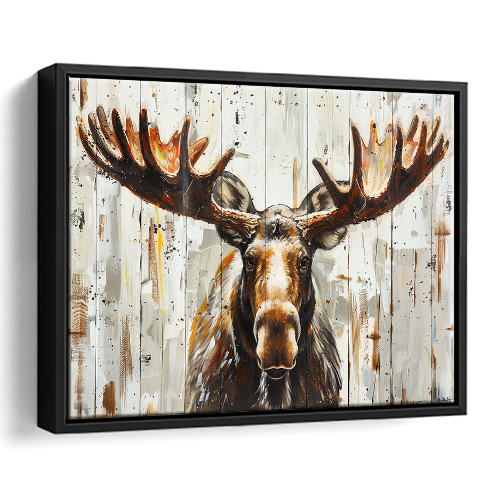 Moose Painted On Wood Background Rustic Art, Framed Canvas Print Wall Art Decor,Floating Frame