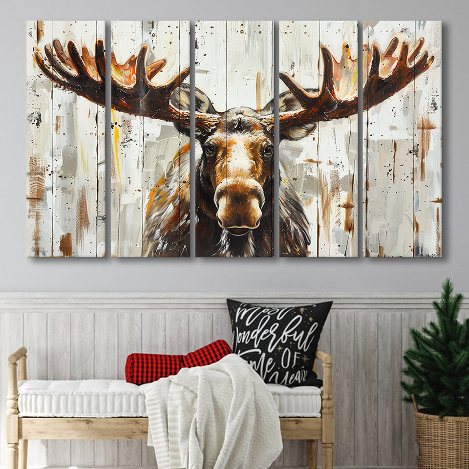 Moose Painted On Wood Background Rustic Art, Extra Large Multi 5 Panel Canvas Print Wall Art Decor