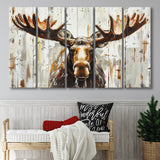Moose Painted On Wood Background Rustic Art, Extra Large Multi 5 Panel Canvas Print Wall Art Decor