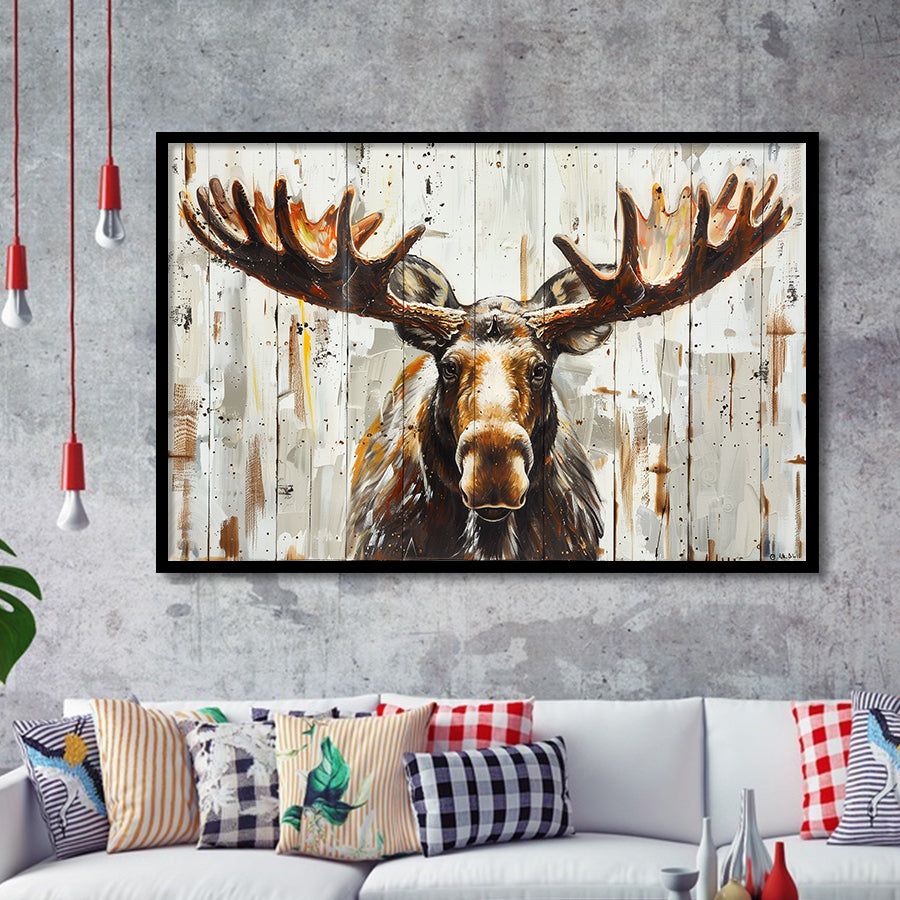 Moose Painted On Wood Background Rustic Art, Framed Art Print Wall Decor, Framed Picture