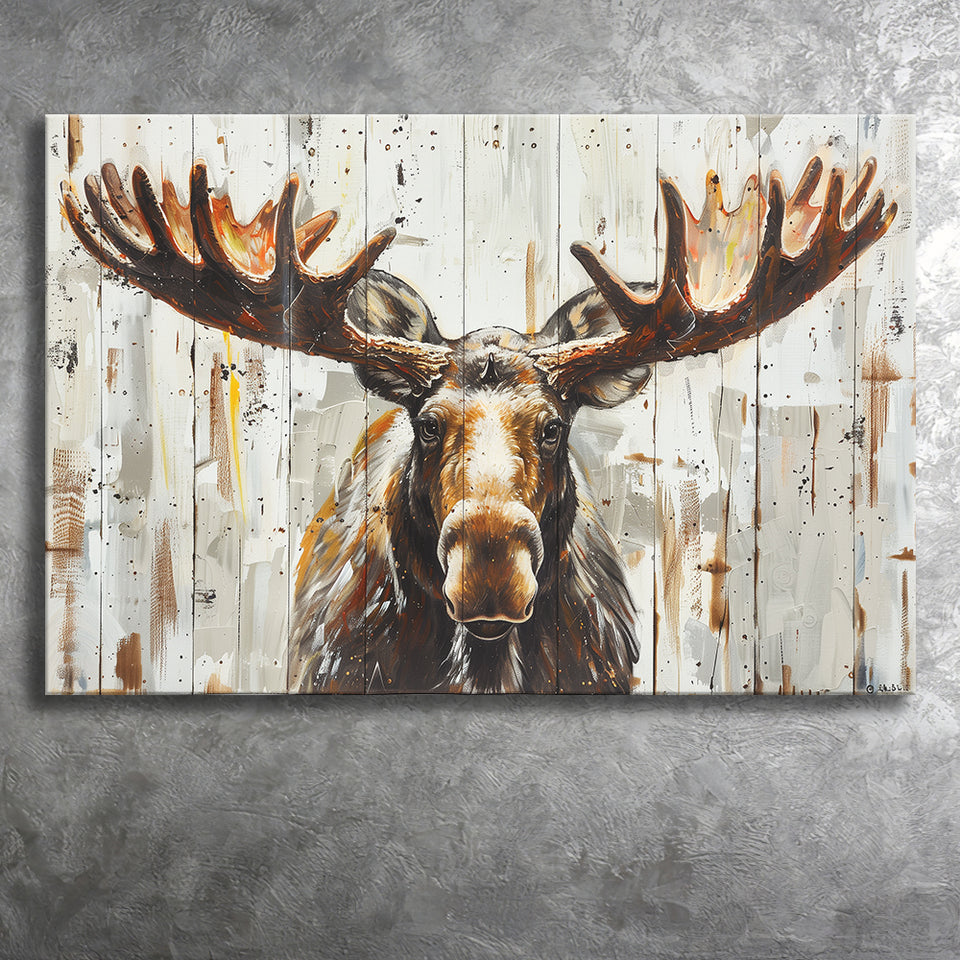 Moose Painted On Wood Background Rustic Art, Canvas Print Wall Art Decor, Landscape Art Print