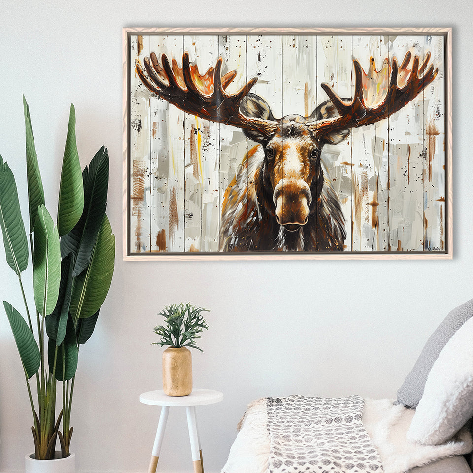 Moose Painted On Wood Background Rustic Art, Framed Canvas Print Wall Art Decor,Floating Frame