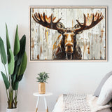 Moose Painted On Wood Background Rustic Art, Framed Canvas Print Wall Art Decor,Floating Frame