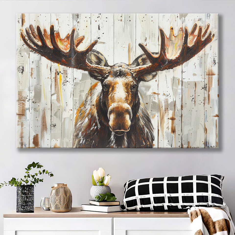 Moose Painted On Wood Background Rustic Art, Canvas Print Wall Art Decor, Landscape Art Print