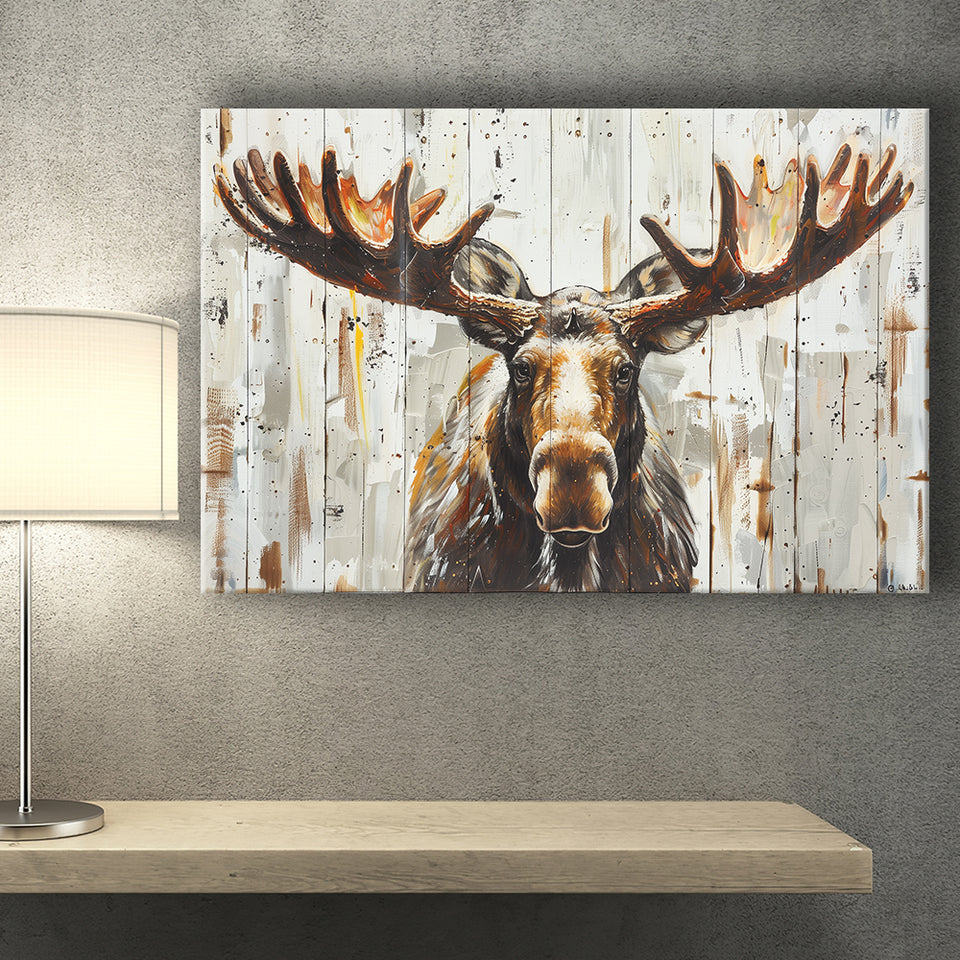 Moose Painted On Wood Background Rustic Art, Canvas Print Wall Art Decor, Landscape Art Print