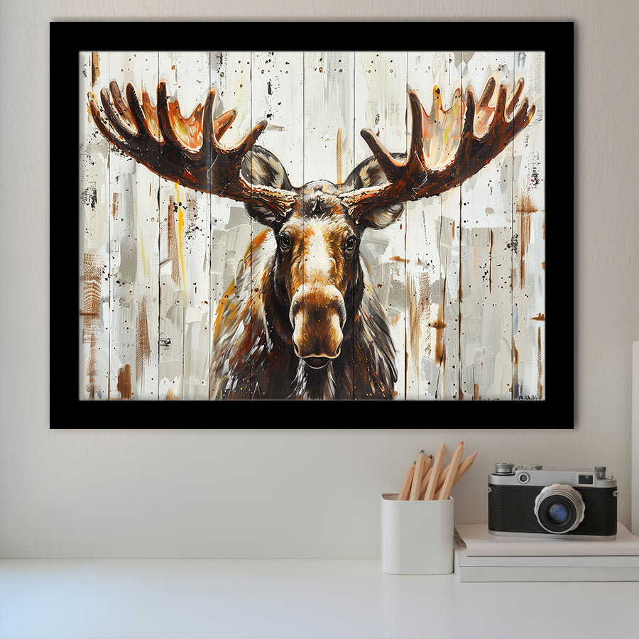 Moose Painted On Wood Background Rustic Art, Framed Art Print Wall Decor, Framed Picture