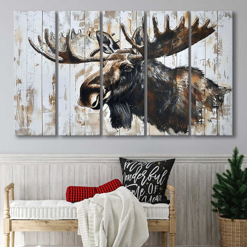 Moose Painted On Wood Rustic Cabin Painting, Extra Large Multi 5 Panel Canvas Print Wall Art Decor