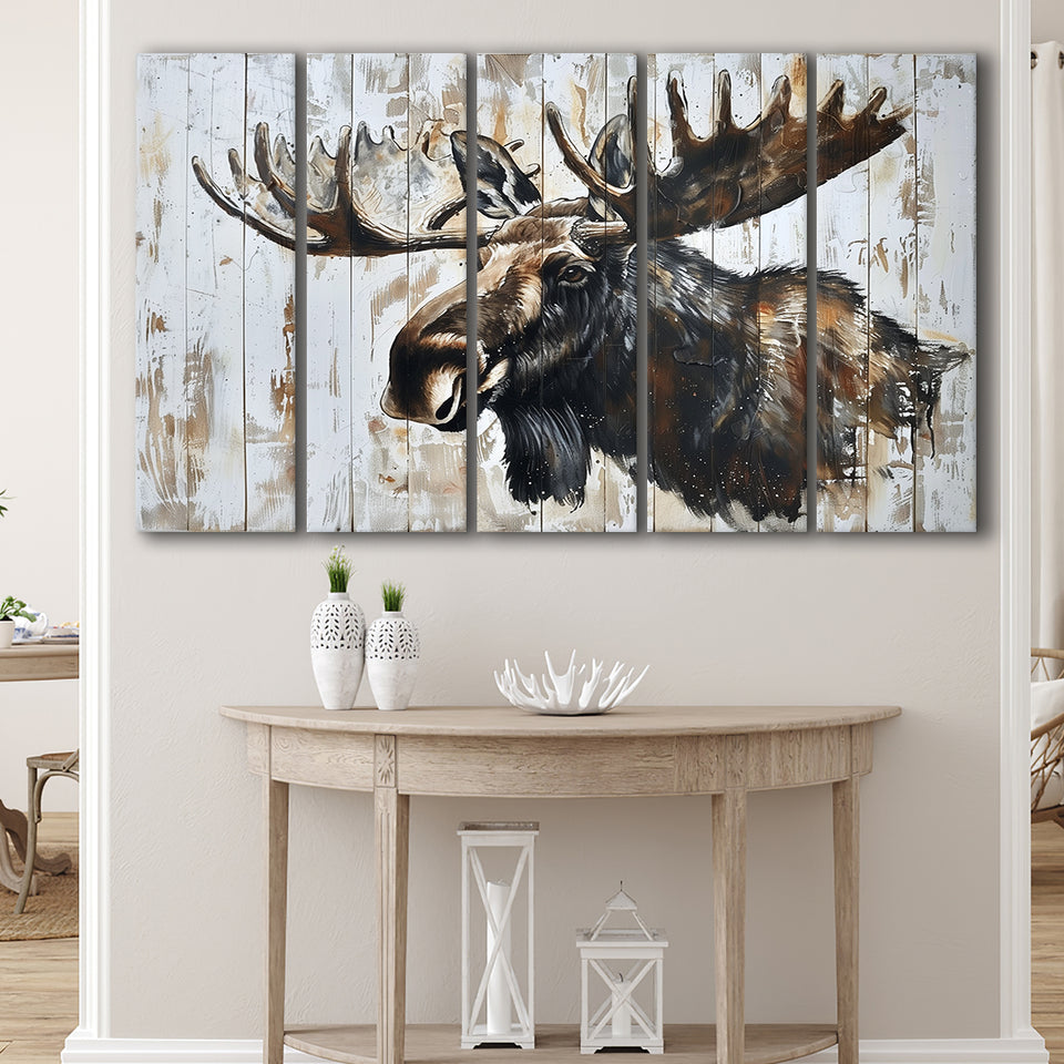 Moose Painted On Wood Rustic Cabin Painting, Extra Large Multi 5 Panel Canvas Print Wall Art Decor
