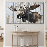 Moose Painted On Wood Rustic Cabin Painting, Extra Large Multi 5 Panel Canvas Print Wall Art Decor