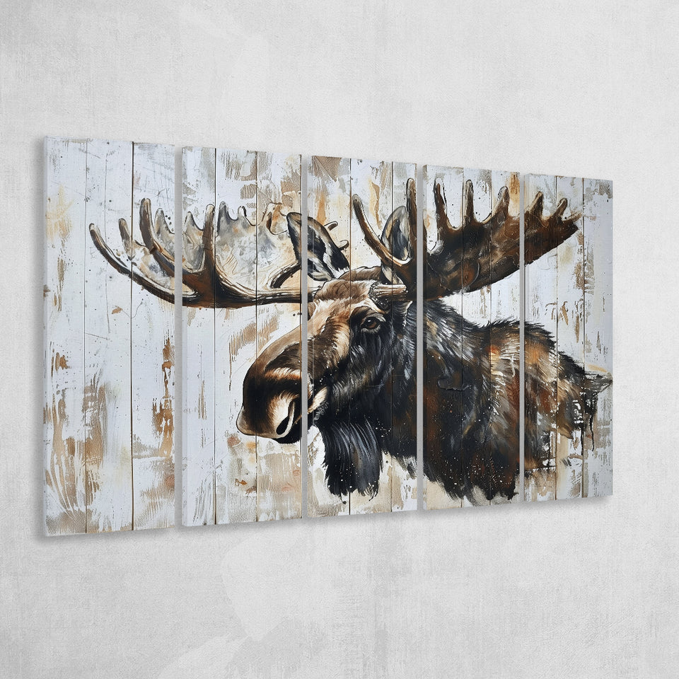 Moose Painted On Wood Rustic Cabin Painting, Extra Large Multi 5 Panel Canvas Print Wall Art Decor