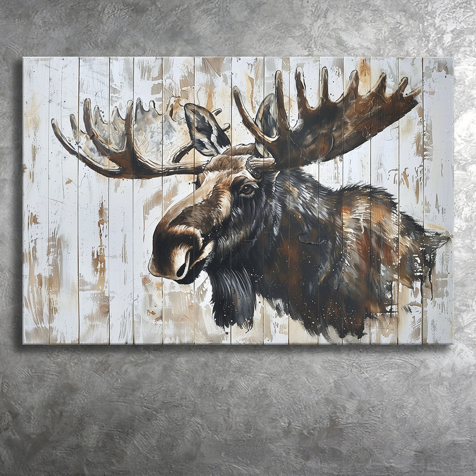 Moose Painted On Wood Rustic Cabin Painting, Canvas Print Wall Art Decor, Landscape Art Print