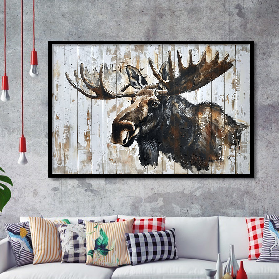 Moose Painted On Wood Rustic Cabin Painting, Framed Art Print Wall Decor, Framed Picture