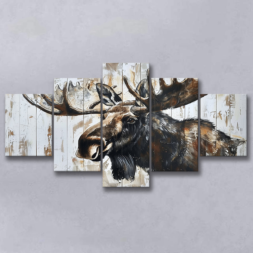 Moose Painted On Wood Rustic Cabin Painting, Multi Panel Canvas Print Wall Art Decor, 5 Mixed Panel