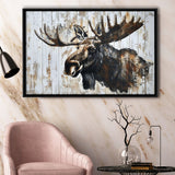 Moose Painted On Wood Rustic Cabin Painting, Framed Canvas Print Wall Art Decor,Floating Frame