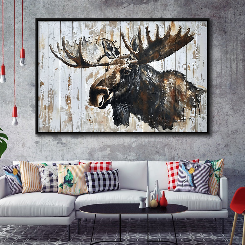 Moose Painted On Wood Rustic Cabin Painting, Framed Canvas Print Wall Art Decor,Floating Frame