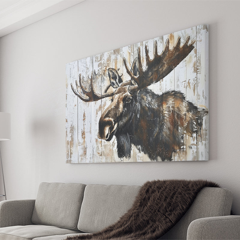 Moose Painted On Wood Rustic Cabin Painting, Canvas Print Wall Art Decor, Landscape Art Print