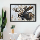 Moose Painted On Wood Rustic Cabin Painting, Framed Canvas Print Wall Art Decor,Floating Frame