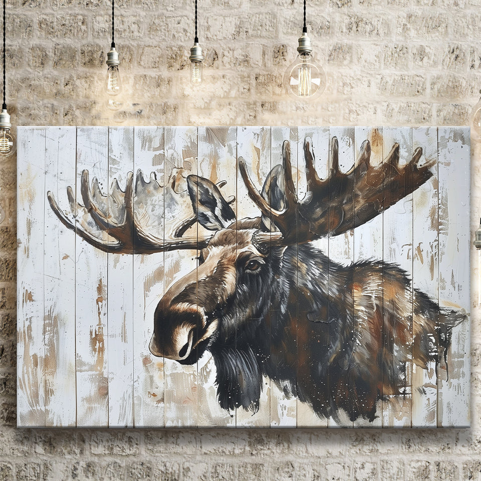 Moose Painted On Wood Rustic Cabin Painting, Canvas Print Wall Art Decor, Landscape Art Print