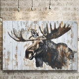 Moose Painted On Wood Rustic Cabin Painting, Canvas Print Wall Art Decor, Landscape Art Print