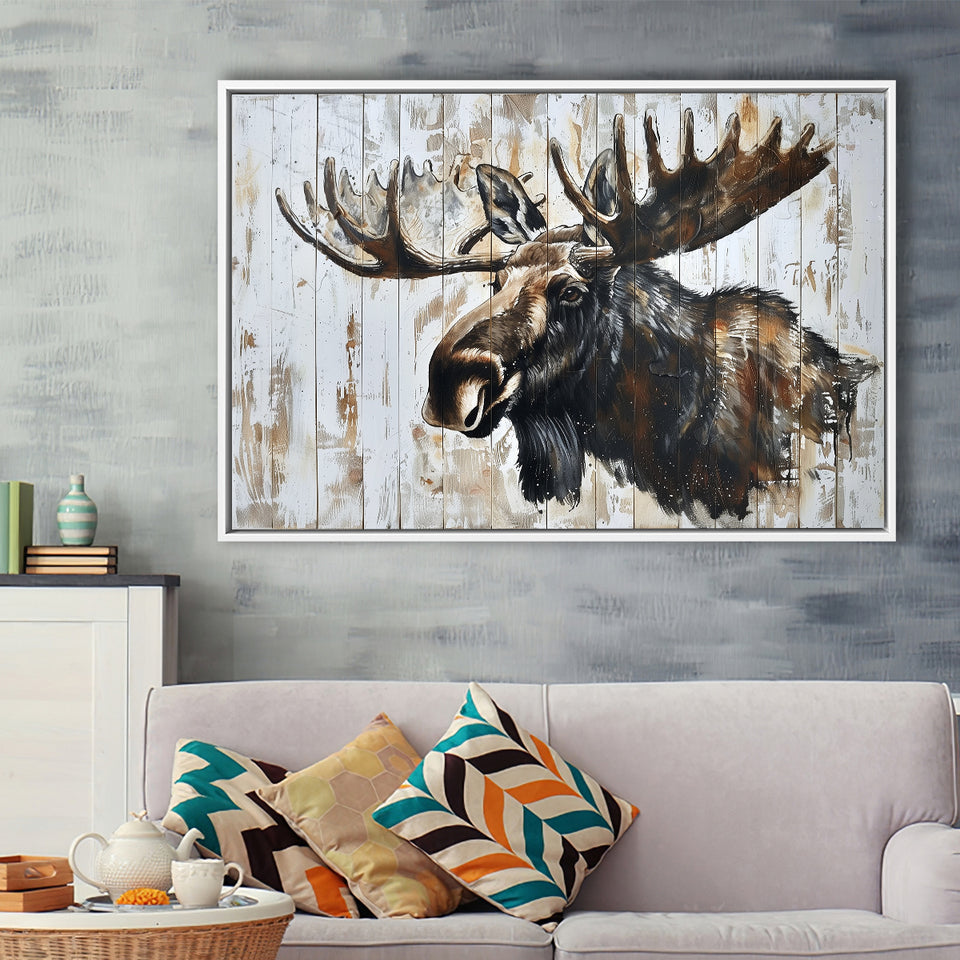 Moose Painted On Wood Rustic Cabin Painting, Framed Canvas Print Wall Art Decor,Floating Frame