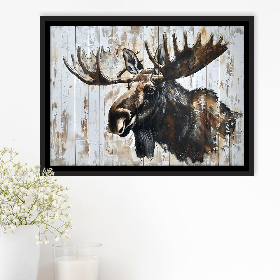 Moose Painted On Wood Rustic Cabin Painting, Framed Canvas Print Wall Art Decor,Floating Frame