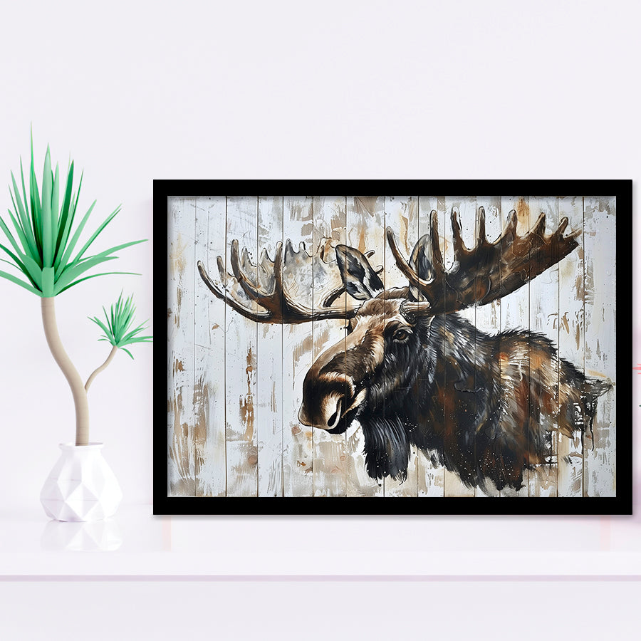 Moose Painted On Wood Rustic Cabin Painting, Framed Art Print Wall Decor, Framed Picture