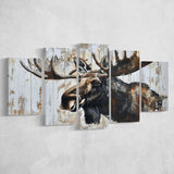 Moose Painted On Wood Rustic Cabin Painting, Multi Panel Canvas Print Wall Art Decor, 5 Mixed Panel