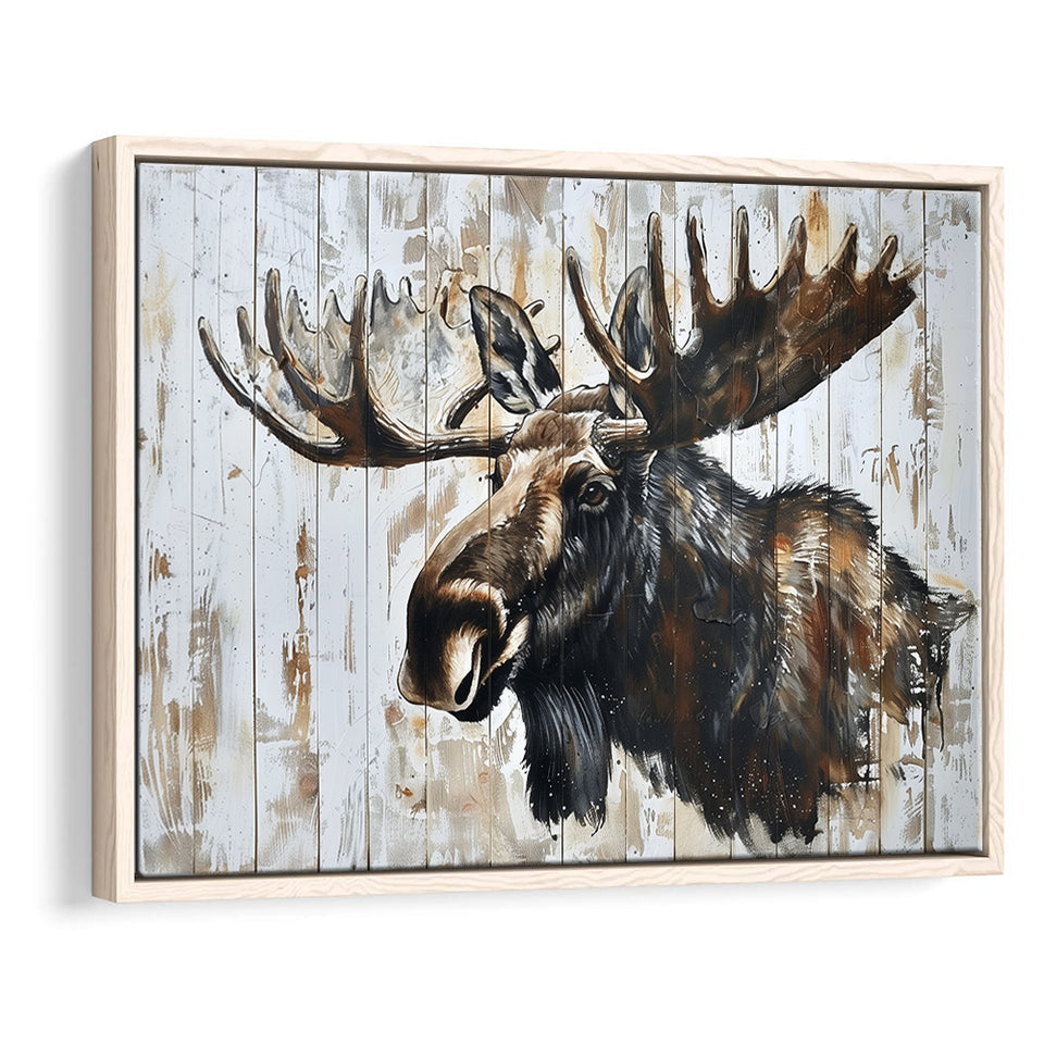Moose Painted On Wood Rustic Cabin Painting, Framed Canvas Print Wall Art Decor,Floating Frame