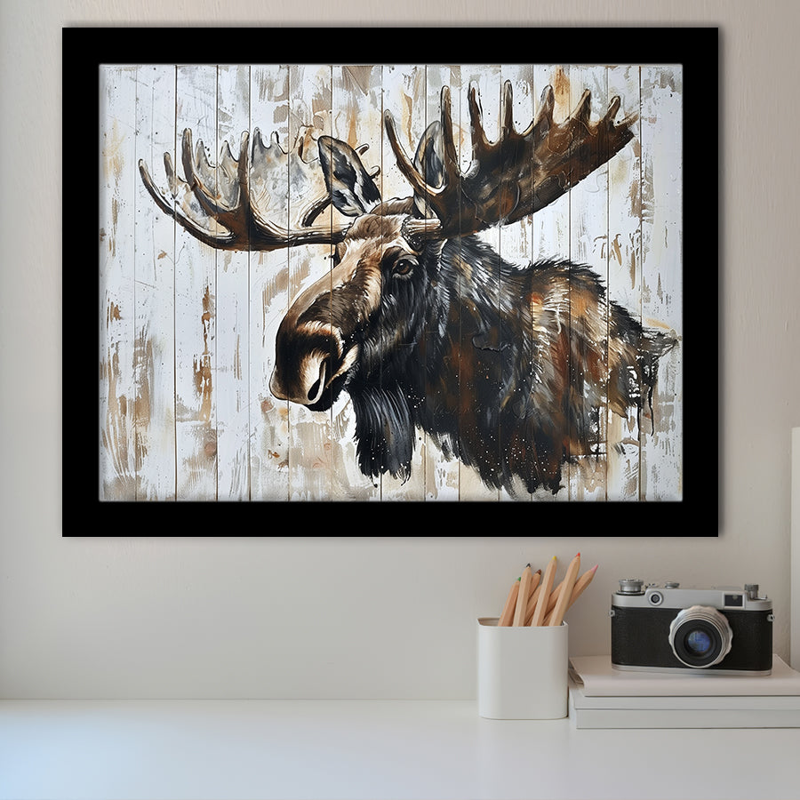 Moose Painted On Wood Rustic Cabin Painting, Framed Art Print Wall Decor, Framed Picture