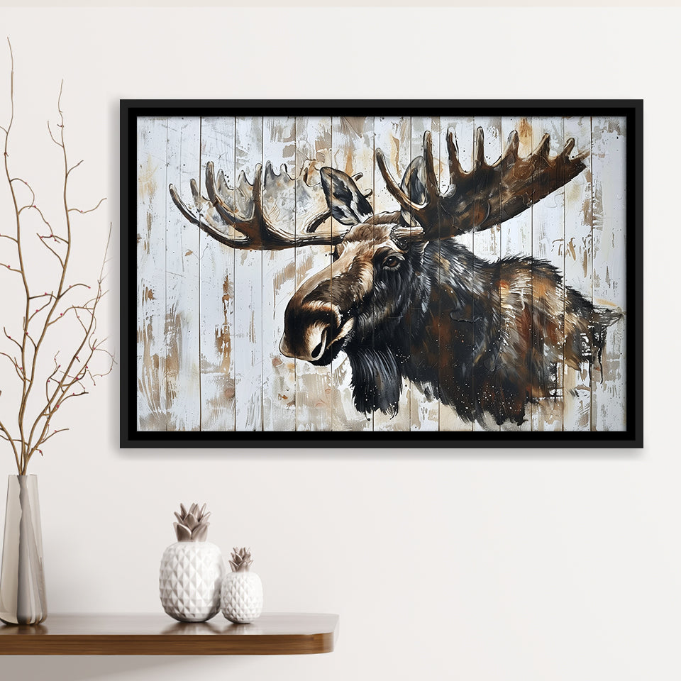 Moose Painted On Wood Rustic Cabin Painting, Framed Canvas Print Wall Art Decor,Floating Frame