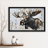 Moose Painted On Wood Rustic Cabin Painting, Framed Canvas Print Wall Art Decor,Floating Frame