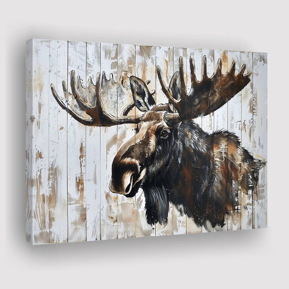 Moose Painted On Wood Rustic Cabin Painting, Canvas Print Wall Art Decor, Landscape Art Print