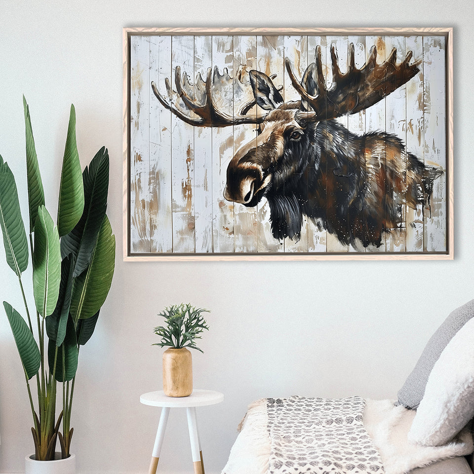 Moose Painted On Wood Rustic Cabin Painting, Framed Canvas Print Wall Art Decor,Floating Frame