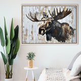 Moose Painted On Wood Rustic Cabin Painting, Framed Canvas Print Wall Art Decor,Floating Frame