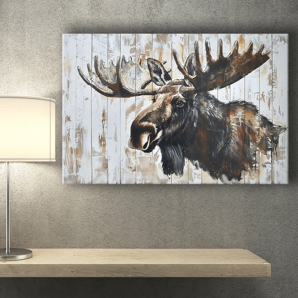 Moose Painted On Wood Rustic Cabin Painting, Canvas Print Wall Art Decor, Landscape Art Print