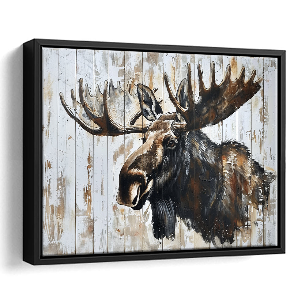 Moose Painted On Wood Rustic Cabin Painting, Framed Canvas Print Wall Art Decor,Floating Frame
