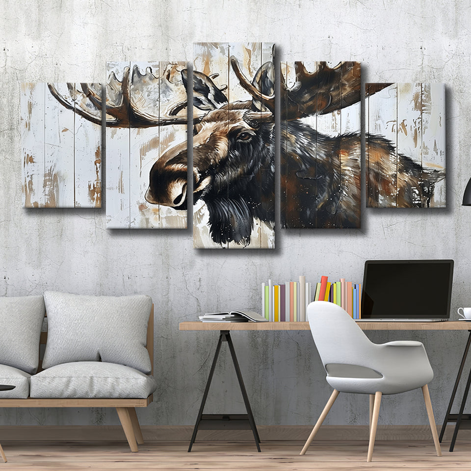 Moose Painted On Wood Rustic Cabin Painting, Multi Panel Canvas Print Wall Art Decor, 5 Mixed Panel