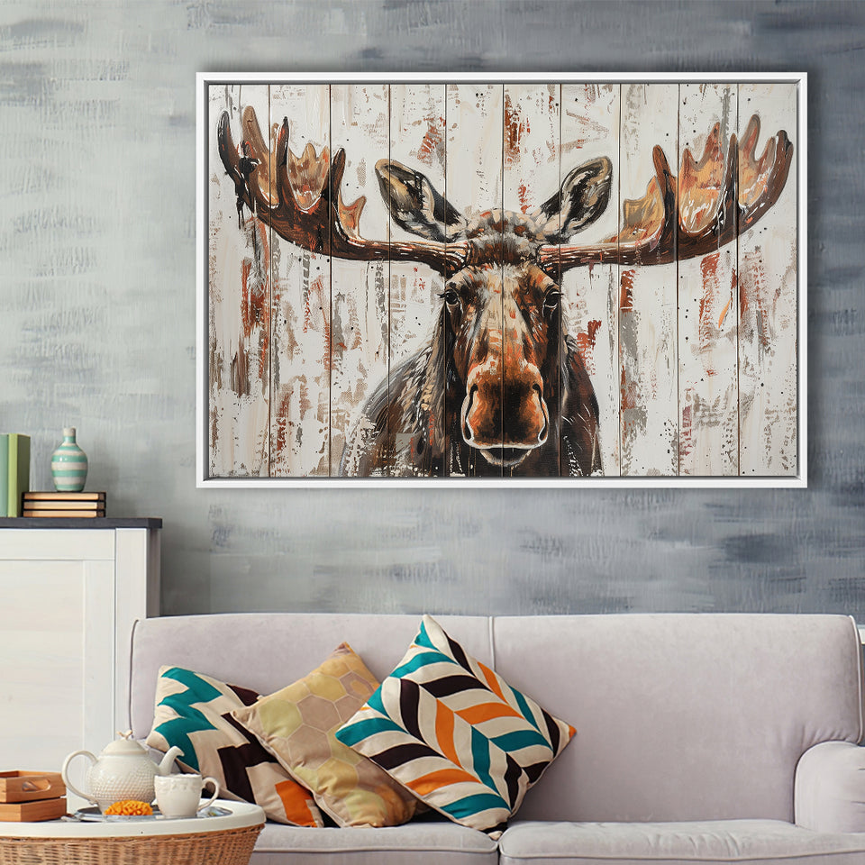 Moose Painted On Wood Rustic Cabin V1, Framed Canvas Print Wall Art Decor,Floating Frame