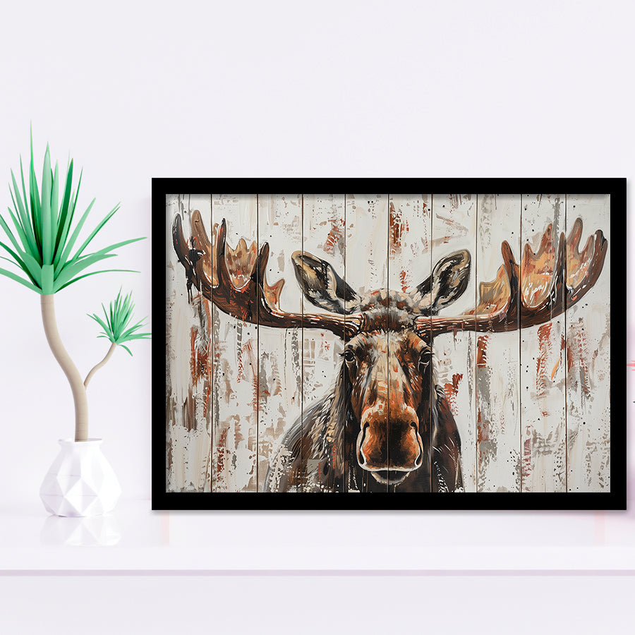 Moose Painted On Wood Rustic Cabin V1, Framed Art Print Wall Decor, Framed Picture