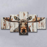 Moose Painted On Wood Rustic Cabin V1, Multi Panel Canvas Print Wall Art Decor, 5 Mixed Panel