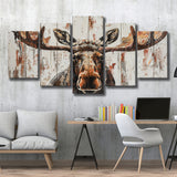 Moose Painted On Wood Rustic Cabin V1, Multi Panel Canvas Print Wall Art Decor, 5 Mixed Panel