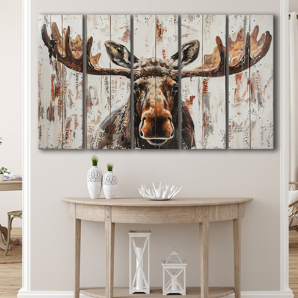 Moose Painted On Wood Rustic Cabin V1, Extra Large Multi 5 Panel Canvas Print Wall Art Decor