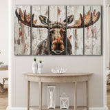 Moose Painted On Wood Rustic Cabin V1, Extra Large Multi 5 Panel Canvas Print Wall Art Decor