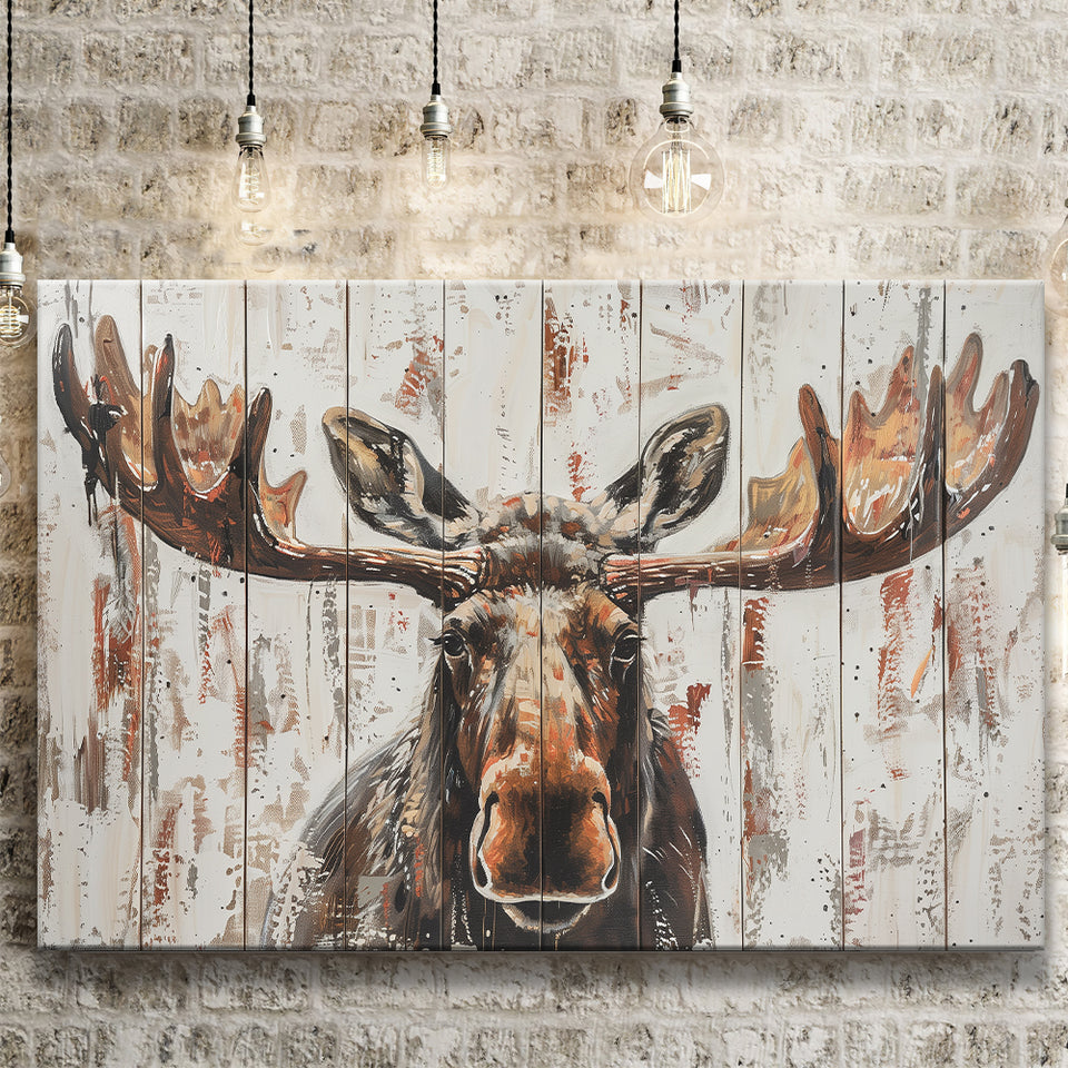 Moose Painted On Wood Rustic Cabin V1, Canvas Print Wall Art Decor, Landscape Art Print