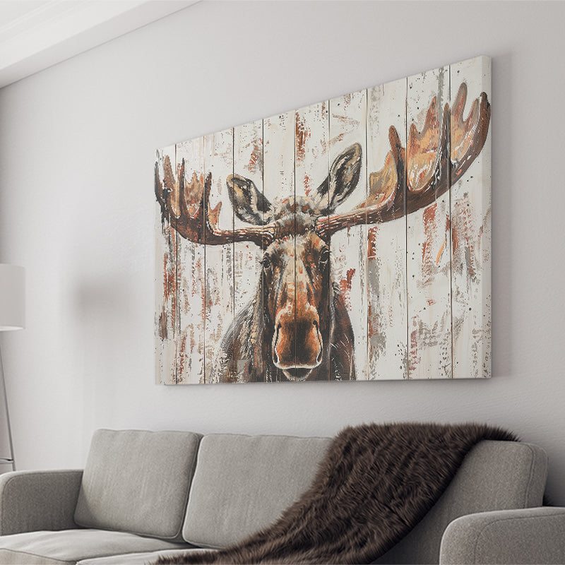 Moose Painted On Wood Rustic Cabin V1, Canvas Print Wall Art Decor, Landscape Art Print