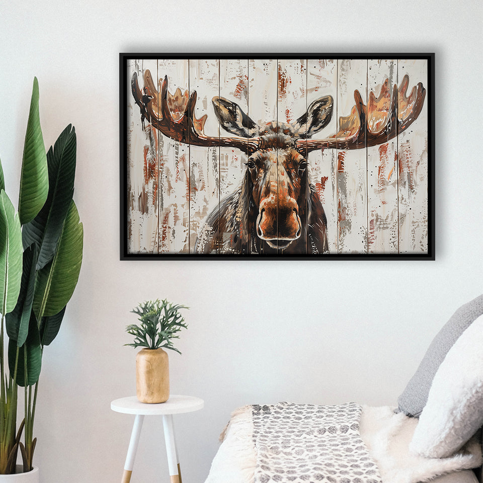 Moose Painted On Wood Rustic Cabin V1, Framed Canvas Print Wall Art Decor,Floating Frame
