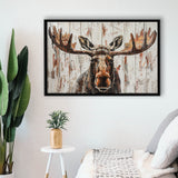 Moose Painted On Wood Rustic Cabin V1, Framed Canvas Print Wall Art Decor,Floating Frame
