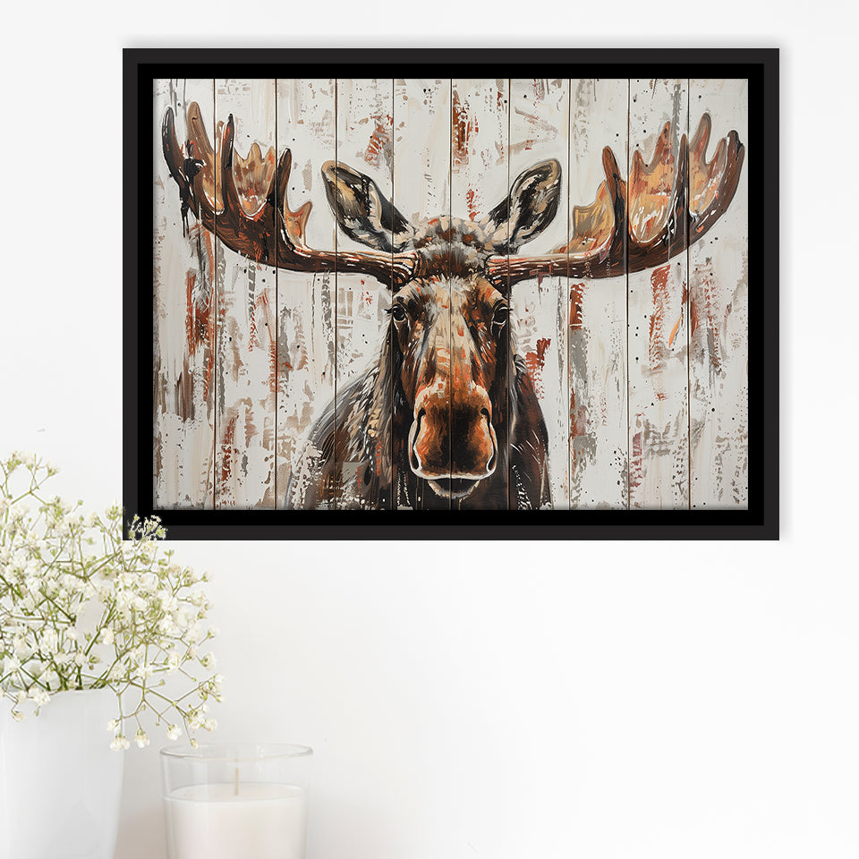 Moose Painted On Wood Rustic Cabin V1, Framed Canvas Print Wall Art Decor,Floating Frame