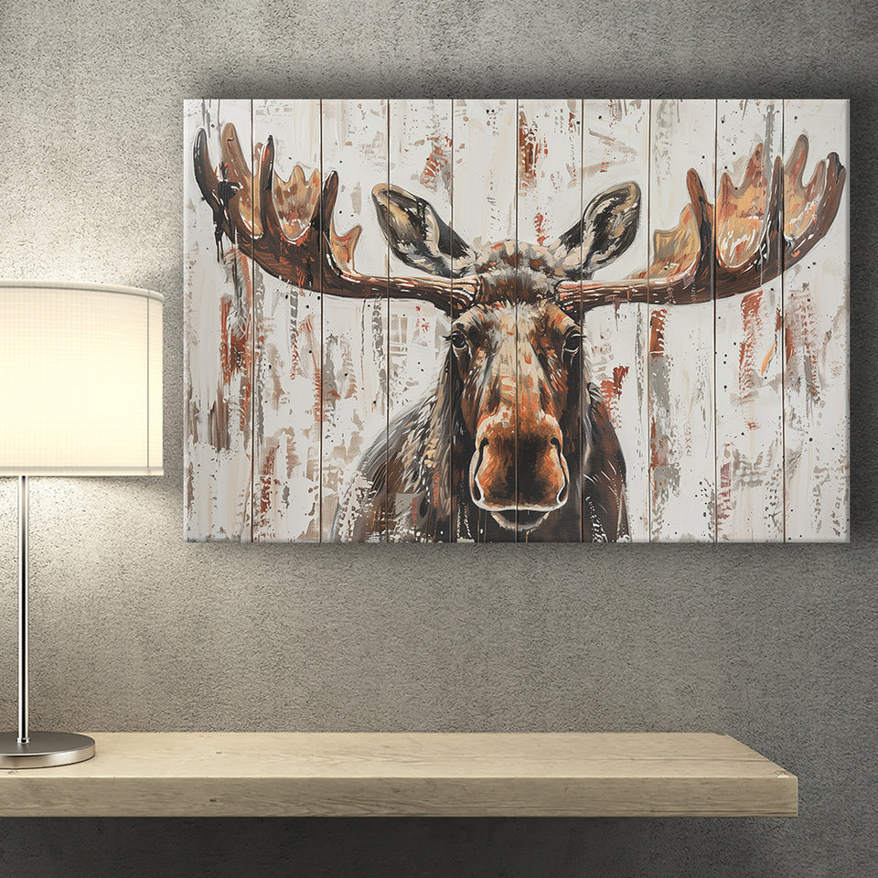Moose Painted On Wood Rustic Cabin V1, Canvas Print Wall Art Decor, Landscape Art Print