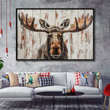 Moose Painted On Wood Rustic Cabin V1, Framed Canvas Print Wall Art Decor,Floating Frame
